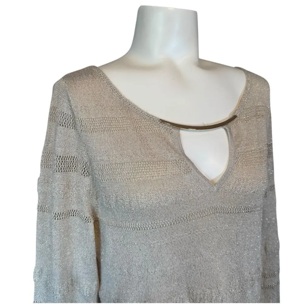 WHBM Stitchy Keyhole Sweater Tunic Pearl Dust Cream Gold Metallic L NWT